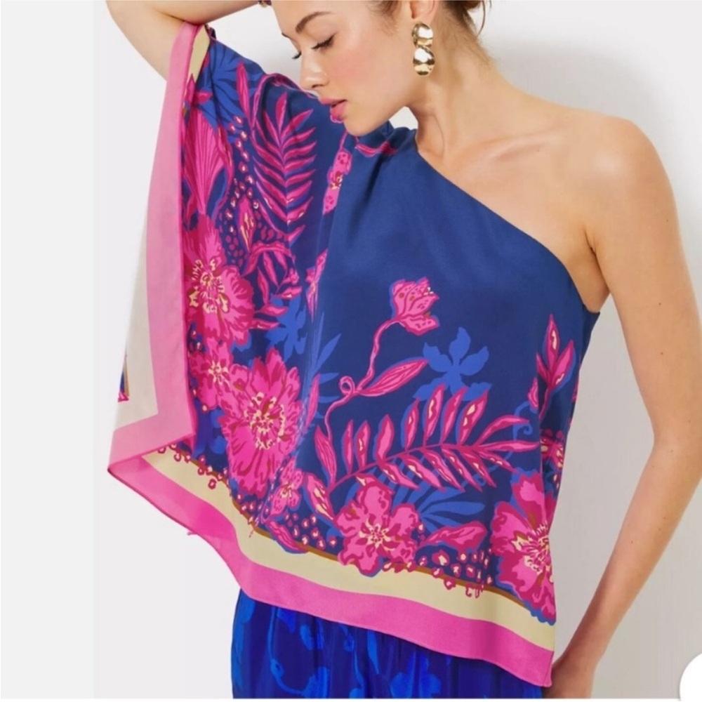Lilly Pulitzer Navy Blue & Hot Pink One-Shoulder Floral Top